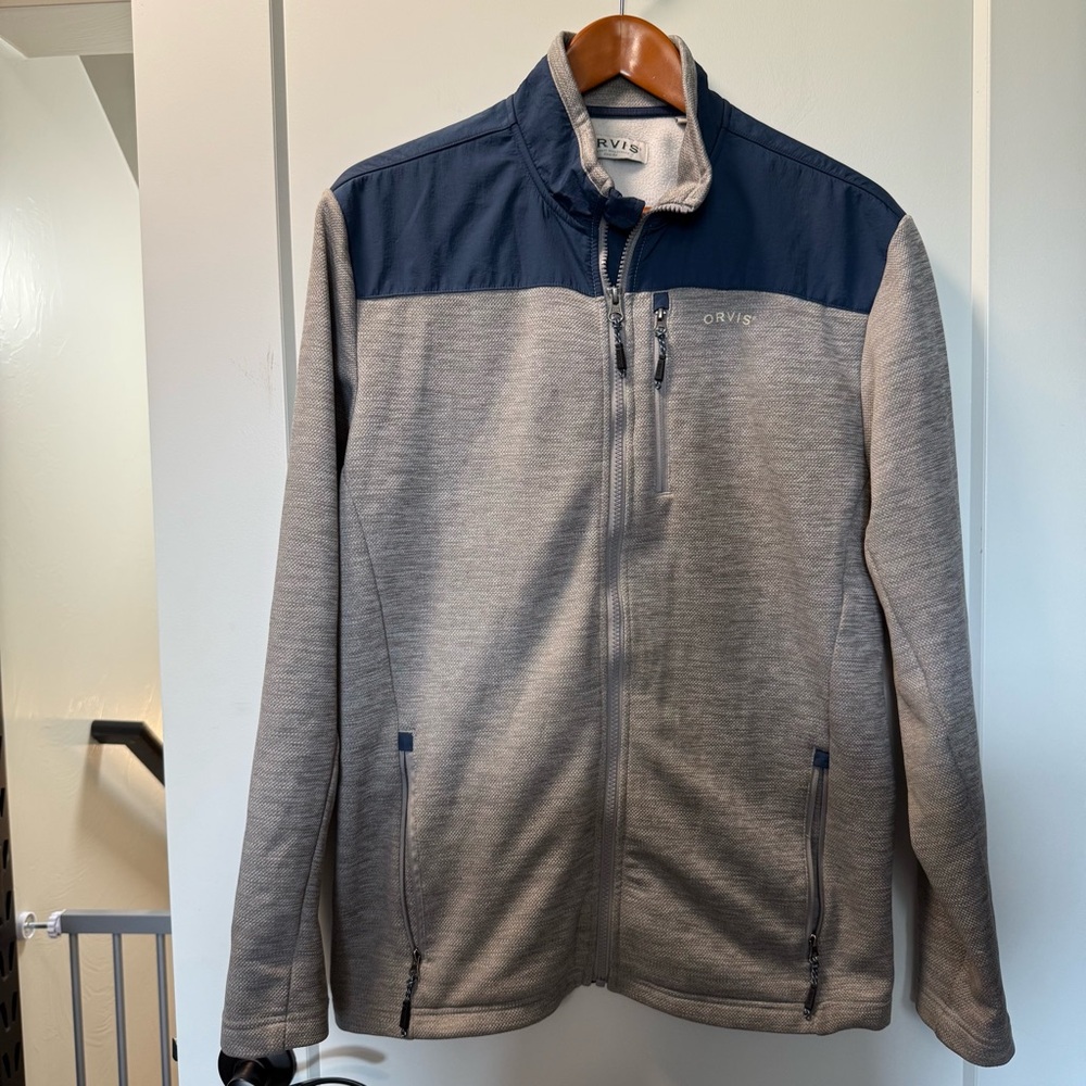 Orvis Men's Bonded Weatherbreaker Full Zip Sweatshirt Jacket Navy Blue Grey Mesh